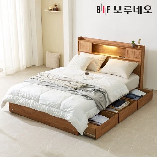 BIF보루네오 프라임 티엔 LED 원목 수납 침대 Q