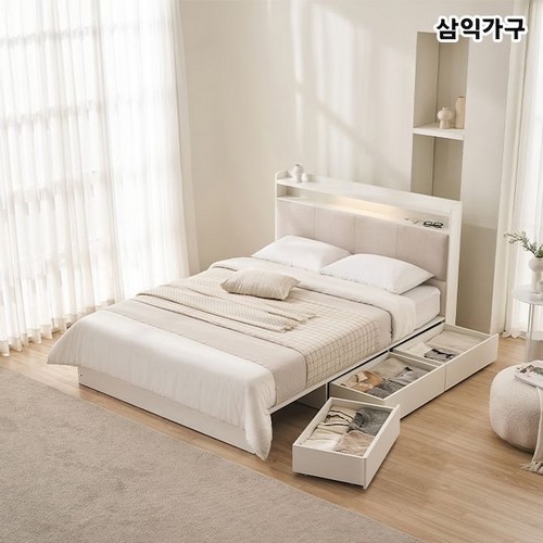 삼익가구 르메인 패브릭 3단 수납 LED침대 Q