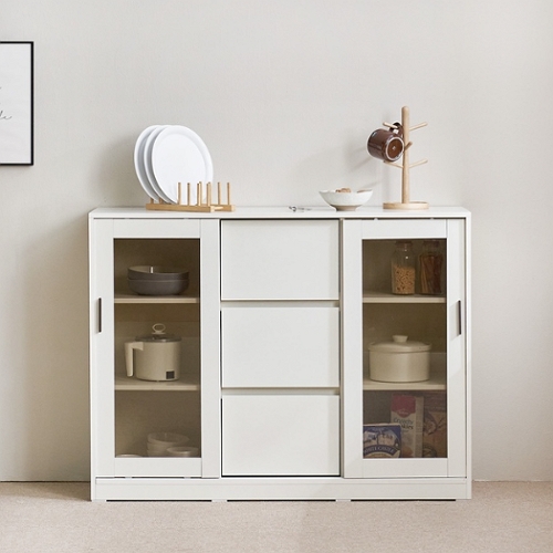 장인가구 아망드 슬라이딩 3단서랍 유리 주방 수납장 1200