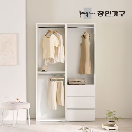 장인가구  클래드 드레스룸 600 2단 600 3단서랍 행거 세트 1200
