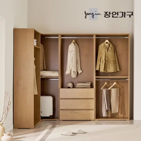 장인가구  클래드 드레스룸 2단 코너장 800 1단 800 2단 800 3단서랍 행거 세트 3200