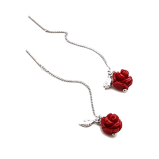 제이로렌  장미모양 산호원석 실버 롱귀걸이_M01911