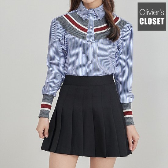 올리비에스클로젯 시보리 라인배색 줄지 셔츠_ O2003BL602A