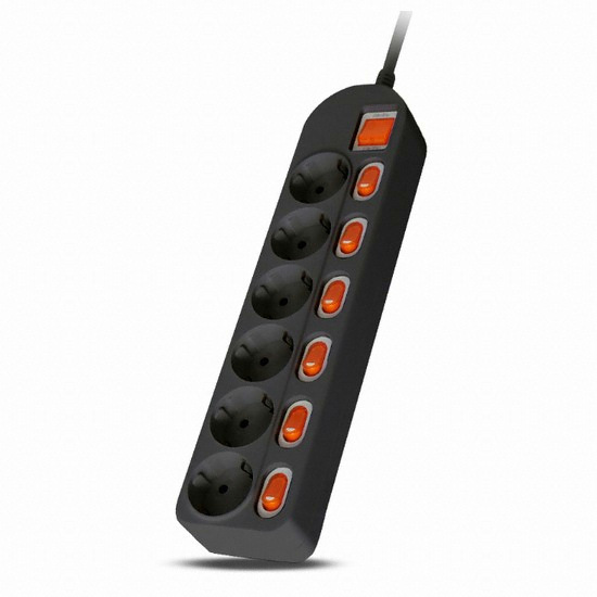 천하지엘씨 파워존 6구 16A 메인 개별스위치 멀티탭 블랙