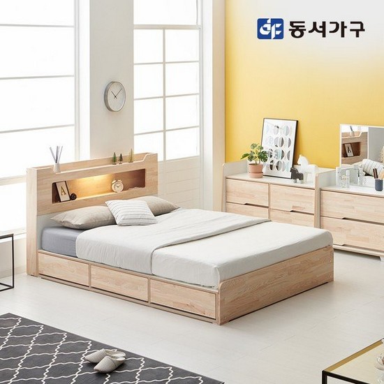 장인가구 뉴시드니 편백나무 수납헤드 3서랍 수납 LED침대 Q