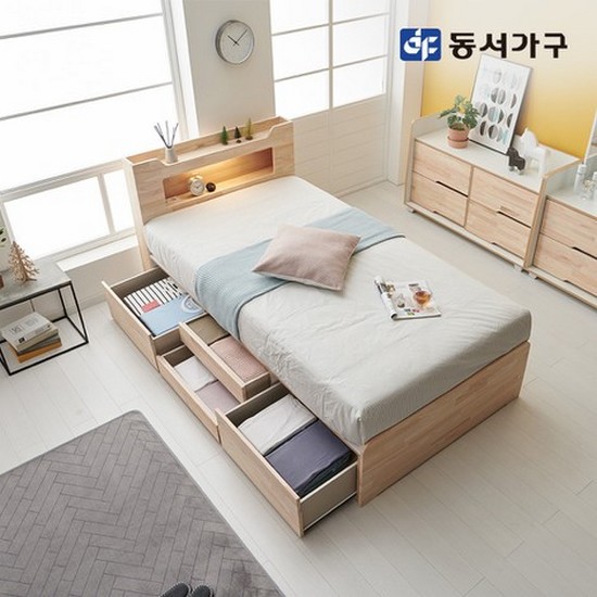 장인가구 뉴시드니 편백나무 수납헤드 4서랍 수납 LED침대 SS