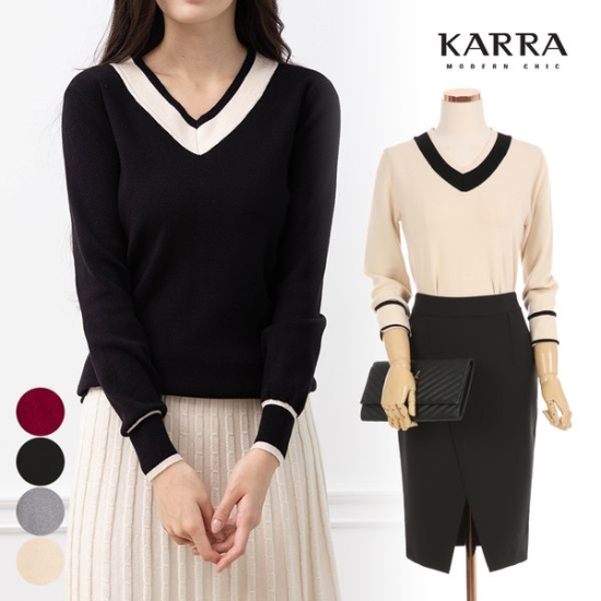 카라 여성 앨모어 배색 브이넥 니트_KB0FKN308C