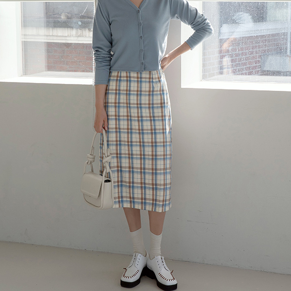 나인  나인  SK-4289 체크 패턴 백 밴딩 스커트