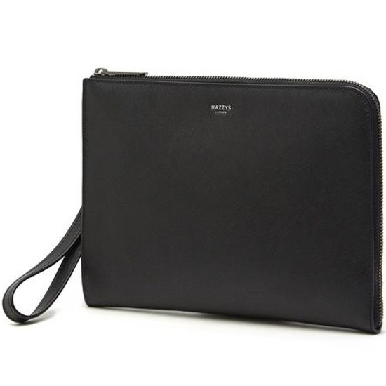 헤지스 블랙 가죽 화이트 로고 심플 클러치백_HJHO1E629BK