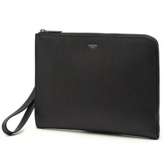 헤지스 남성 소가죽 화이트로고 지퍼형 클러치백_HJHO1F625BK