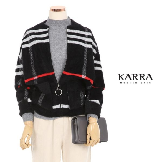 카라 여성 체크 집업 니트점퍼_KL1FJP020A