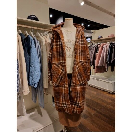 시에로 캥거루 포켓 체크 후드 롱코트 SH4CTF431