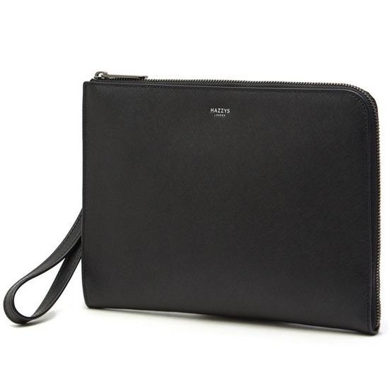 헤지스 남성 소가죽 화이트로고 지퍼형 클러치백_HJHO2E625BK