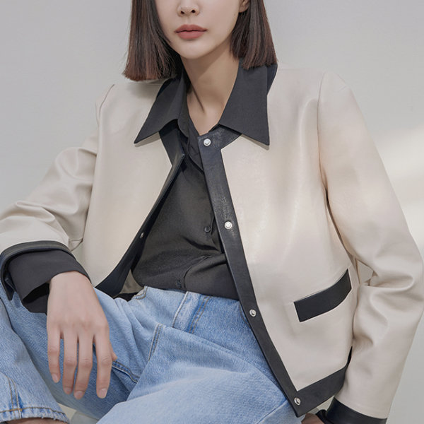 나인 JK-2634 배색 콤비 숏 레더 자켓