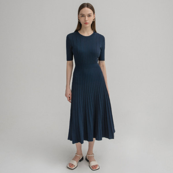 나인 여성 핏앤플레어 메탈 배색 니트 원피스_OP-5916