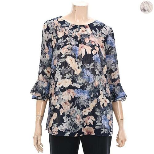 데미안 프릴소매 핀턱 라운드넥 플라워블라우스 DH42506