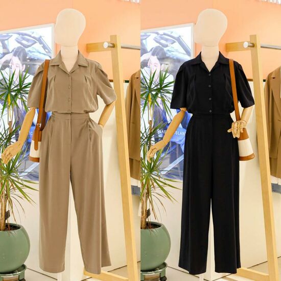 플라스틱아일랜드 여성 핀턱카라 점프수트 팬츠_PN2WP504