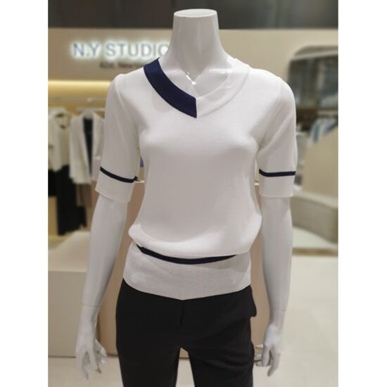 비지트인뉴욕 VY5SK5C배색브이넥니트티셔츠 VY5SK5C