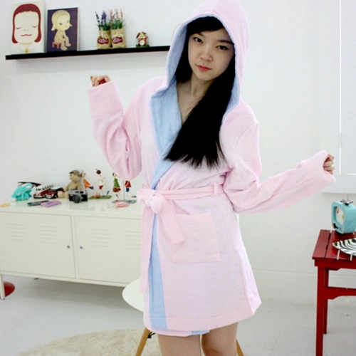 하하이아  핑크 배색후드 샤워가운